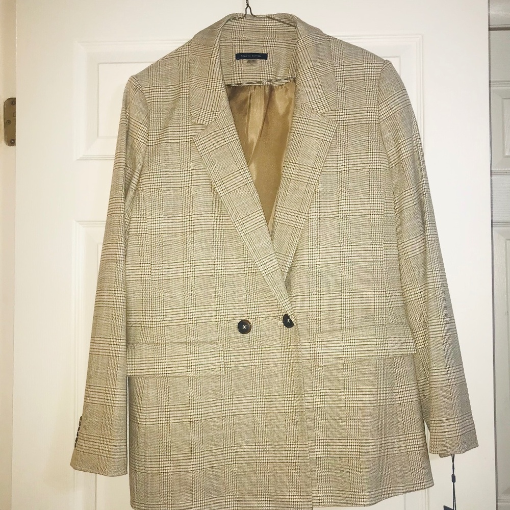 NWT Tommy Hilfiger Beige Brown Tan Houndstooth Blazer Jacket Sz 14 Office Jacket